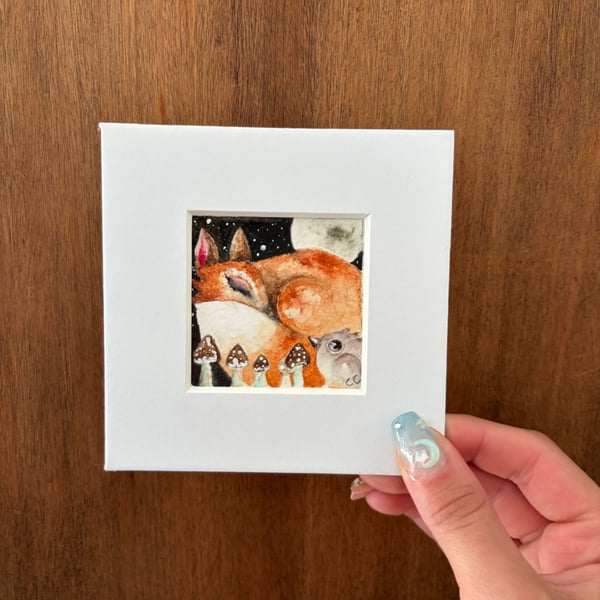 Mounted Whimsical Hare Rabbit with Bird Robin in Moonlight Watercolour Edition 