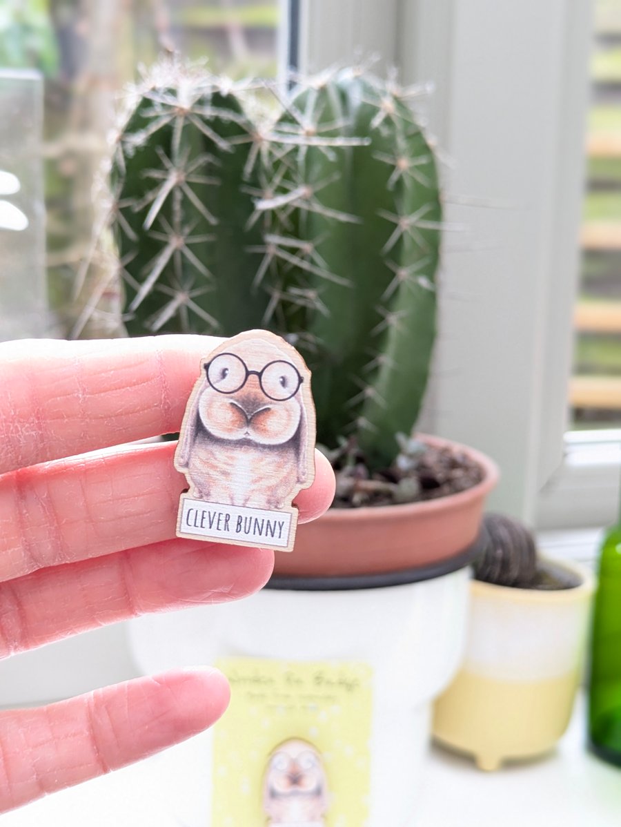 Wooden Pin Badge, Cute Clever Bunny