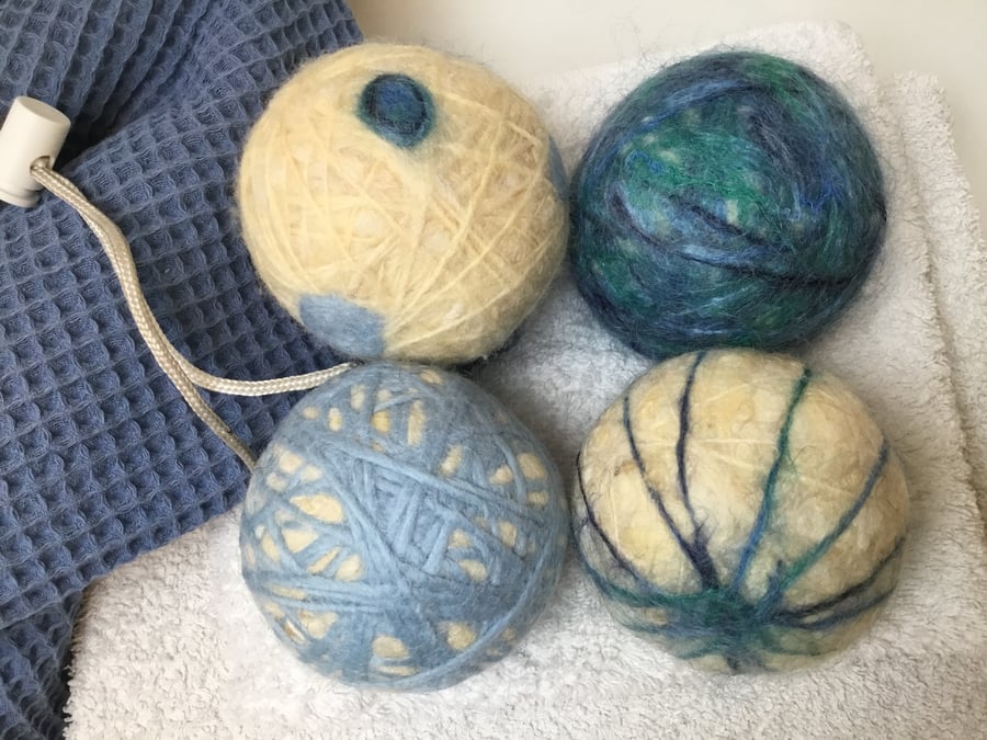Felted wool tumble dryer balls - washday blues.