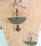 Leather Earrings Khaki Green Leather and Metal Bead Boho Style Half Moon  - Image 4