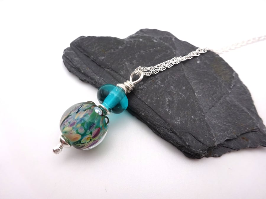green speckled lampwork glass pendant necklace, sterling silver chain