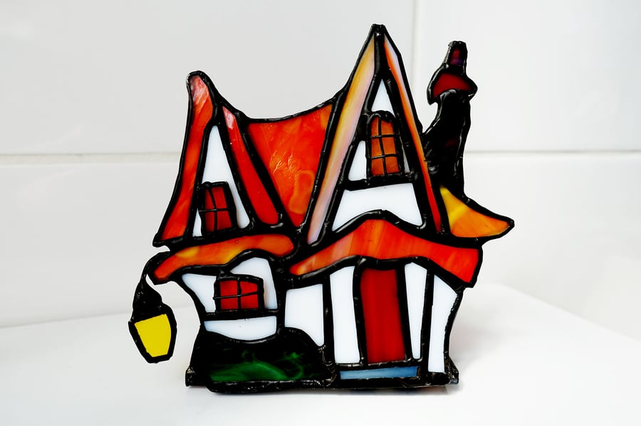  Stained Glass "Red Roof Cottage"  Clarice Cliff inspired night light Lamp