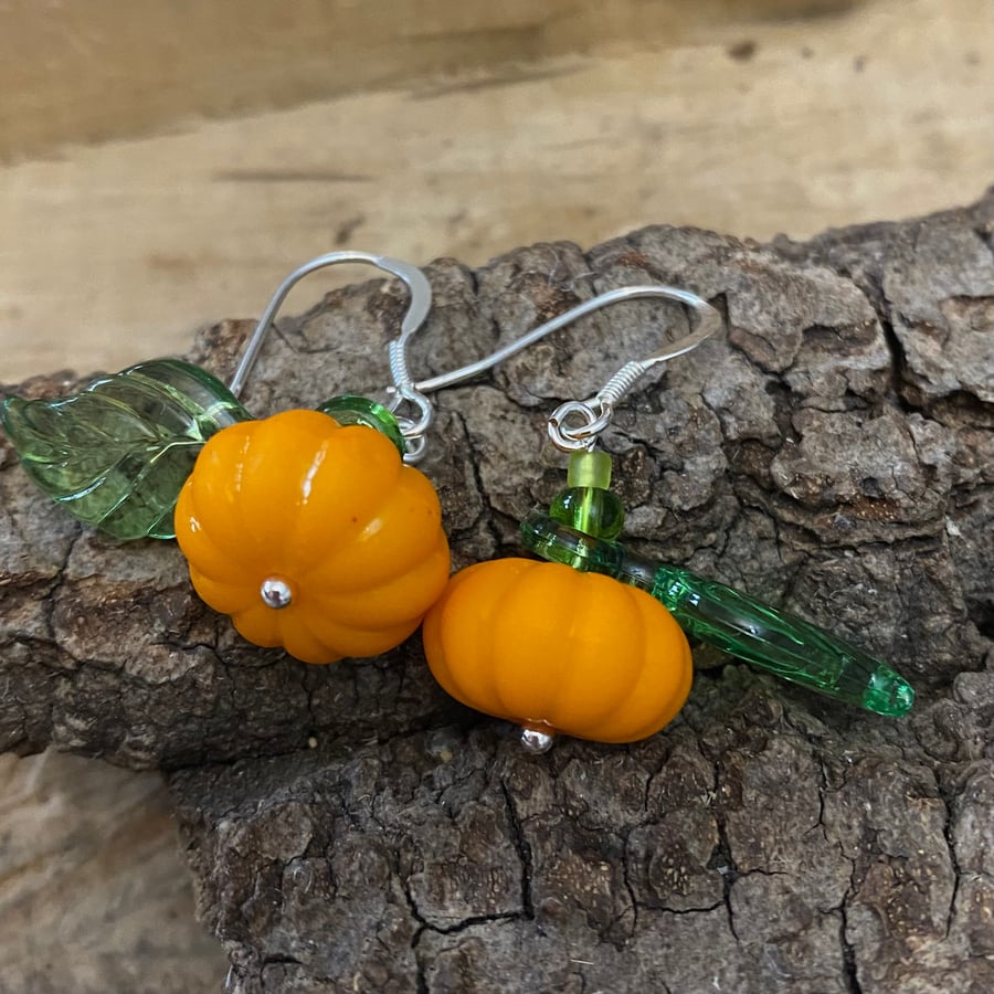 Orange Pumpkins, Green, Orange and silver Halloween Earrings 