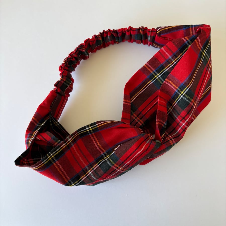 Cotton headband, twist knot style hairband in festive red tartan