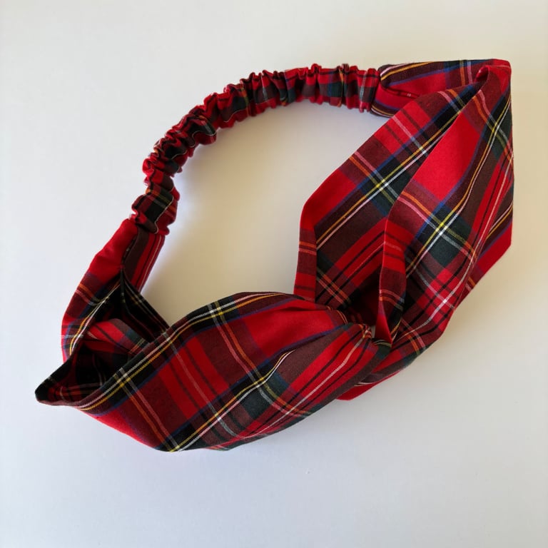 Cotton headband, twist knot style hairband in festive red tartan