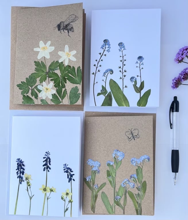 Pack of 4 Handmade Real Pressed Flower Greeting Cards