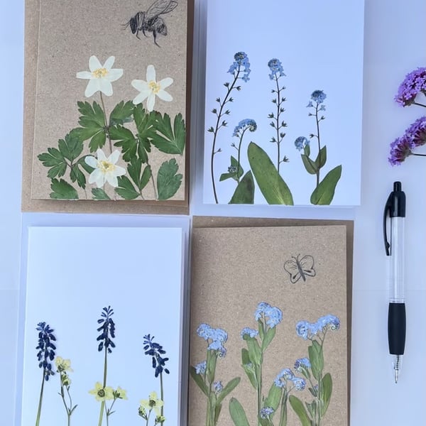 Pack of 4 Handmade Real Pressed Flower Greeting Cards