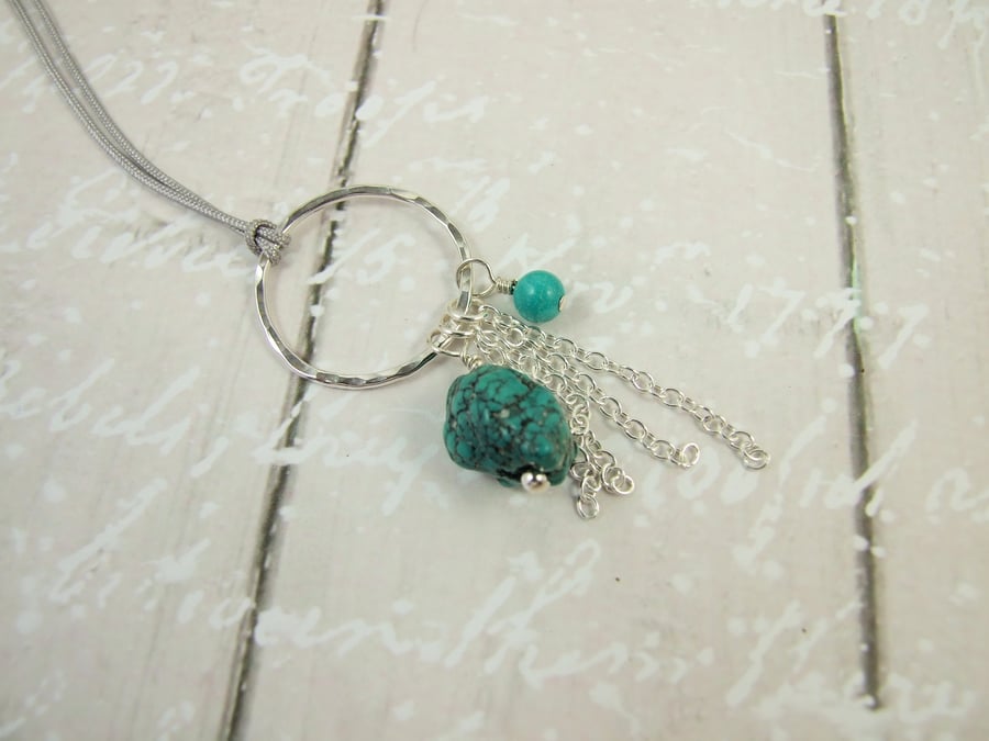 Turquoise Necklace, Sterling Silver BoHo Adjustable Length Tassel Necklace