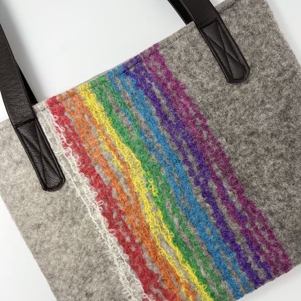 Rainbow Stripe Felt Tote Shoulder Bag, Grey Felt