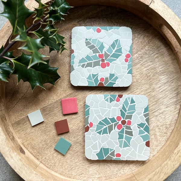 Mosaic Art Coasters - Holly In Silver Grey