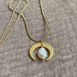 Brass moon pearl pendant, pendant necklace, freshwater pearl necklace