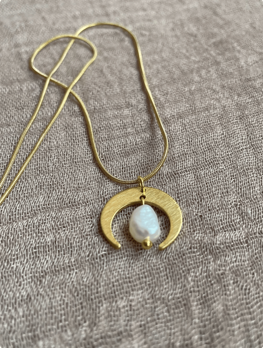 Brass moon pearl pendant, pendant necklace, freshwater pearl necklace