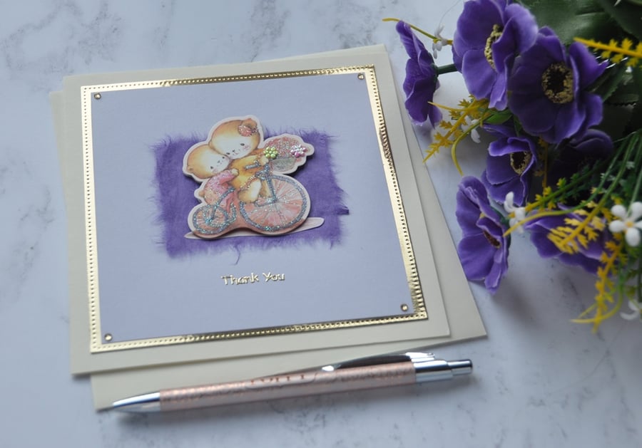 Thank You Card Cute Teddy Bears on Bicycle with Flowers 3D Luxury Handmade Card
