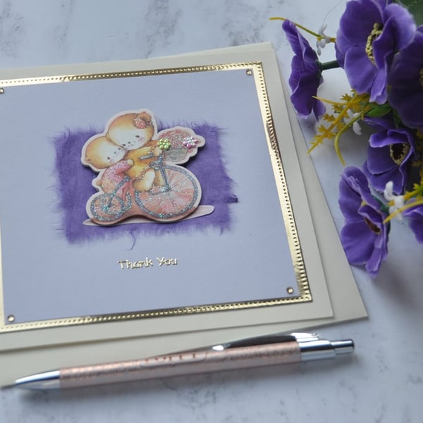 Thank You Card Cute Teddy Bears on Bicycle with Flowers 3D Luxury Handmade Card