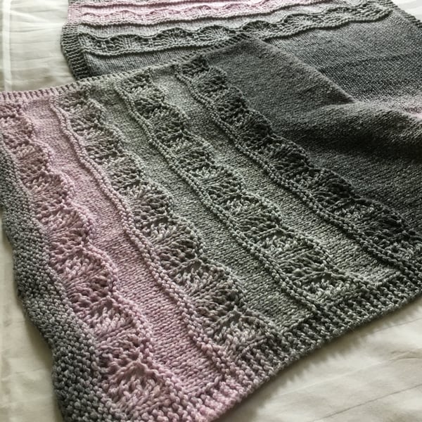 Unique Pink and Grey Hand Knitted Lace Rectangle Shawl Wrap Oversized Scarf