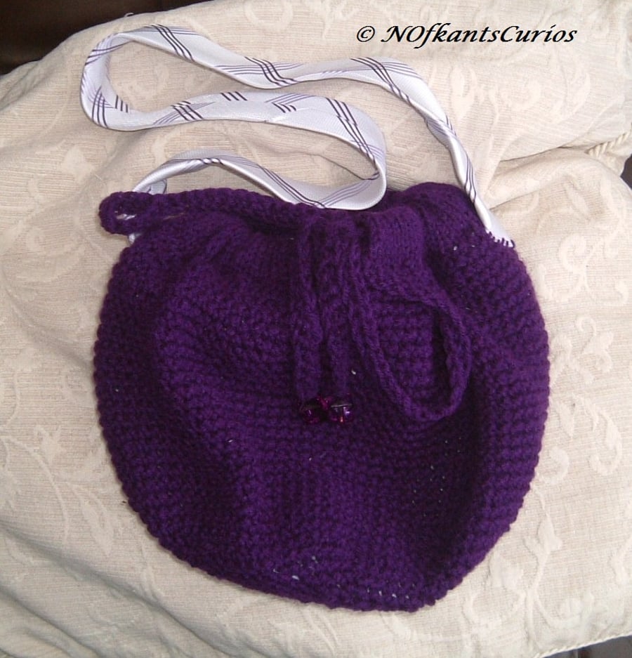 Tied to Purple!  Knitted & Crocheted Handbag with Gent's Neck Tie Strap.
