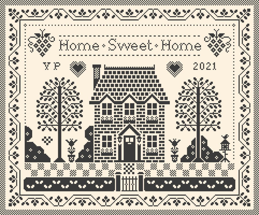 216 - Cross Stitch Quaker Sampler - Home Sweet Home - Monochrome Blackwork