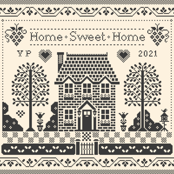 216 - Cross Stitch Quaker Sampler - Home Sweet Home - Monochrome Blackwork