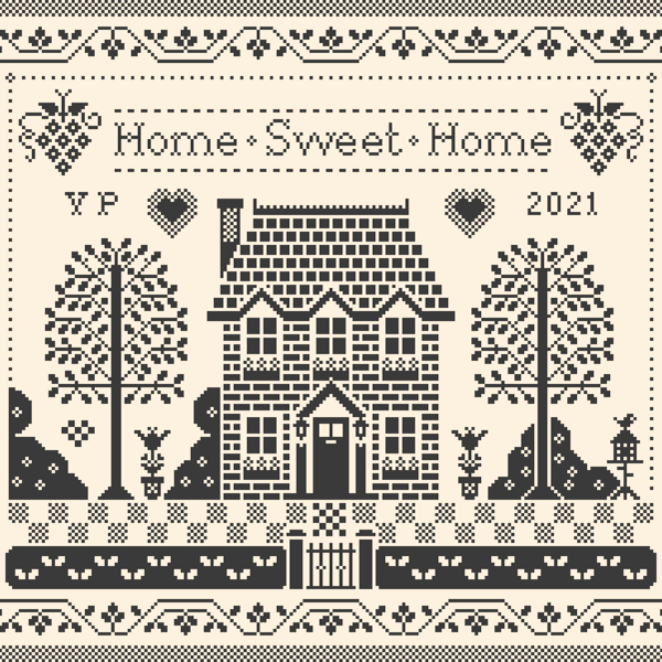 215B - Cross Stitch Quaker Sampler - Home Sweet Home - Monochrome Blackwork