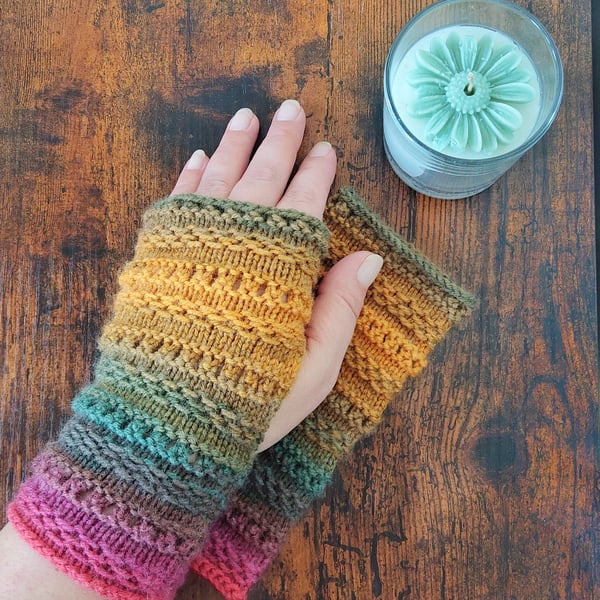 Hand Knitted Wrist Warmers in Autumn Colours