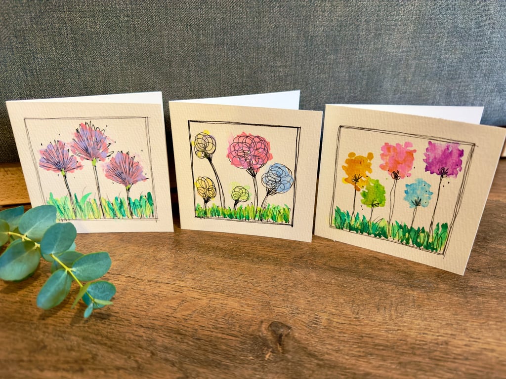 3 Hand-Painted Watercolour Floral Cards - 3" x 3"