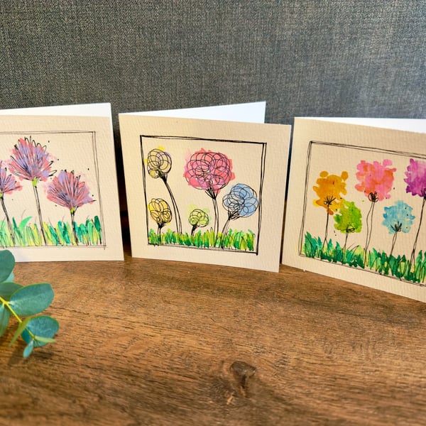 3 Hand-Painted Watercolour Floral Cards - 3" x 3"