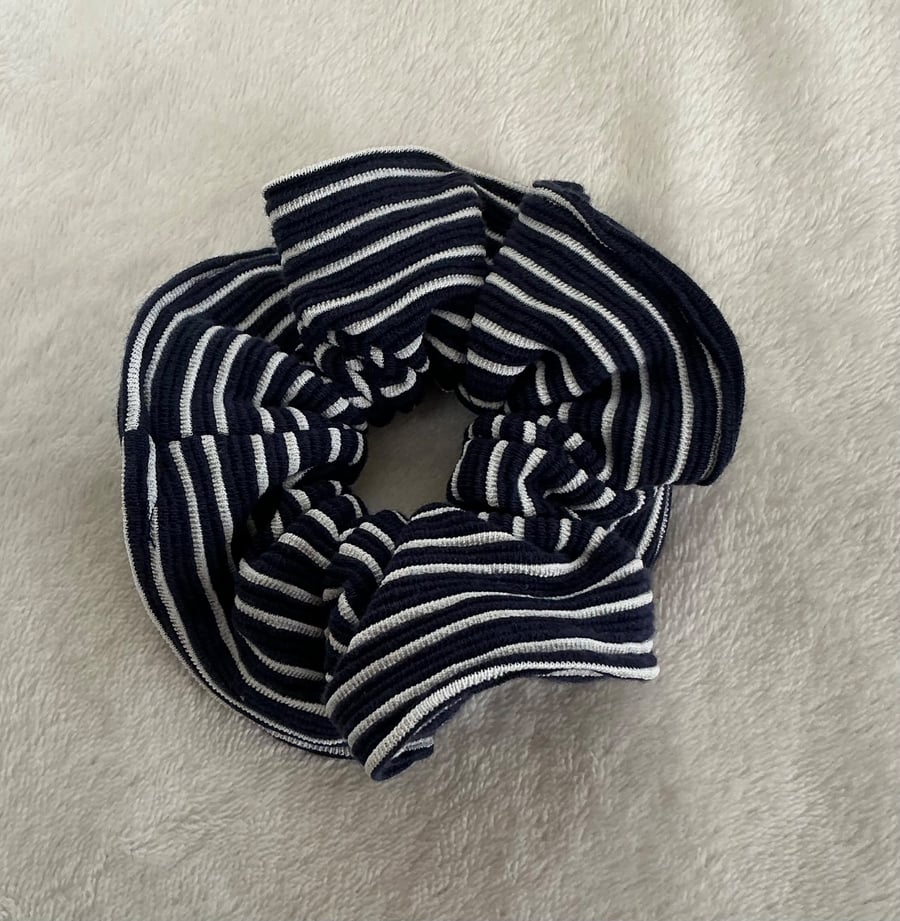 Cotton Scrunchie hair accessory in Navy Blue and White Stripes.