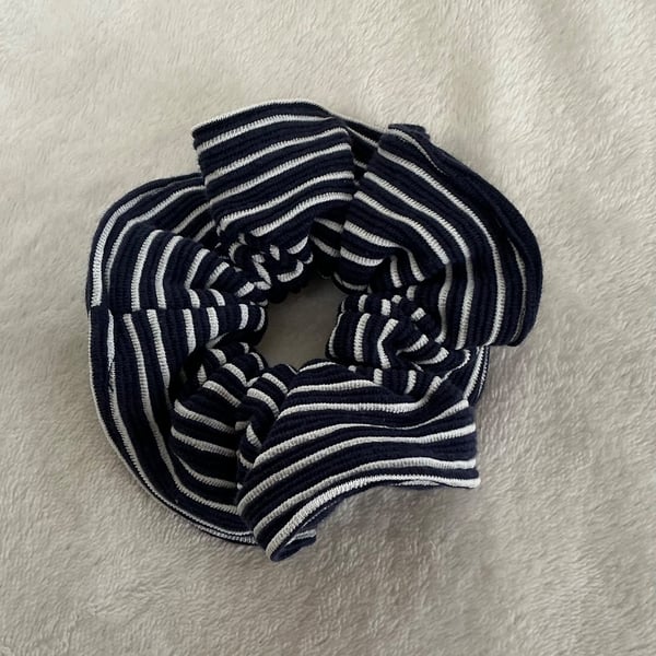Cotton Scrunchie hair accessory in Navy Blue and White Stripes.