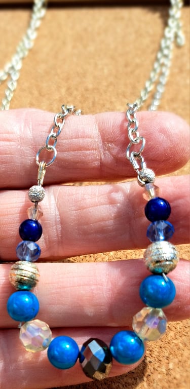 Sparkly beaded necklace, crystals with disco beads and spacers blue and silver