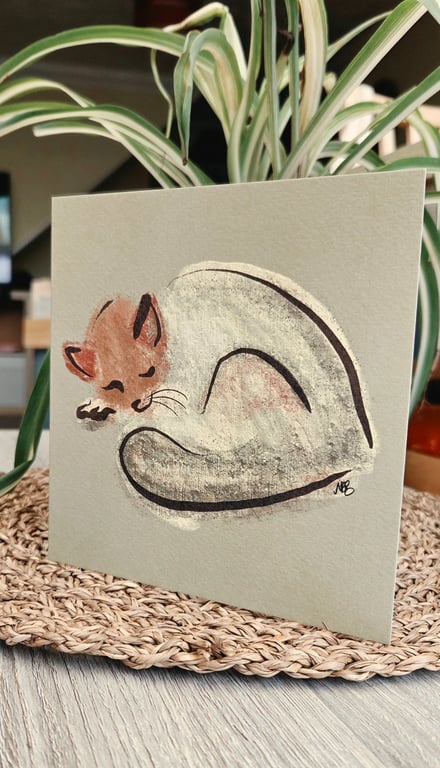 Sleeping Cat Illustration Art Work Blank Greetings Card Birthday Thank You