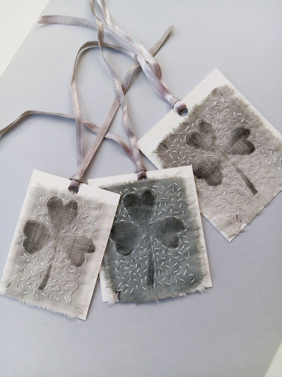Set of Three Embroidered Fabric Gift Tags with Clover Leaf Print