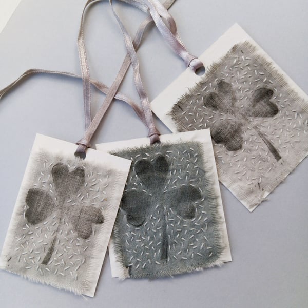 Set of Three Embroidered Fabric Gift Tags with Clover Leaf Print