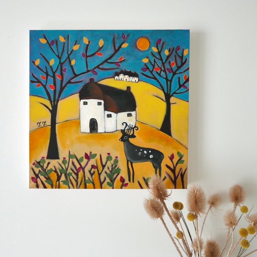Deer Painting, Surreal Artwork, Naive Art. Cottage, Autumn Landscape