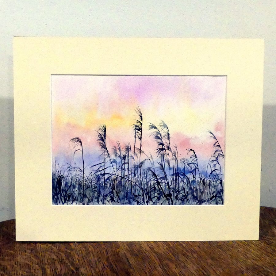 Fen Sunrise Reed Bed Landscape Watercolour 
