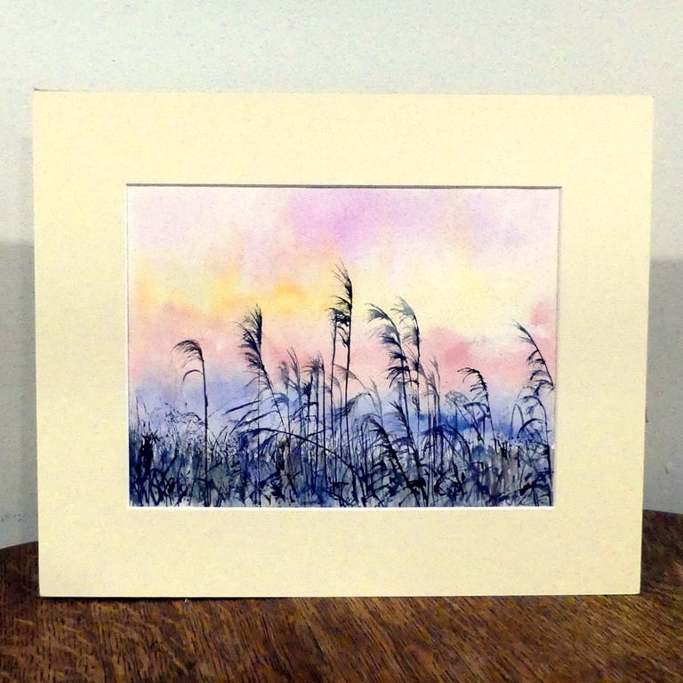 Fen Sunrise Reed Bed Landscape Watercolour 