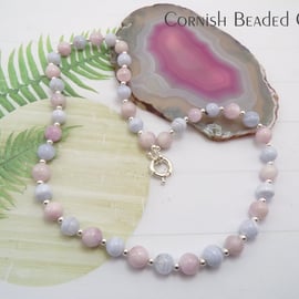 Pretty Kunzite & Blue Lace Bead Gemstone Necklace - Sterling Silver Large Clasp