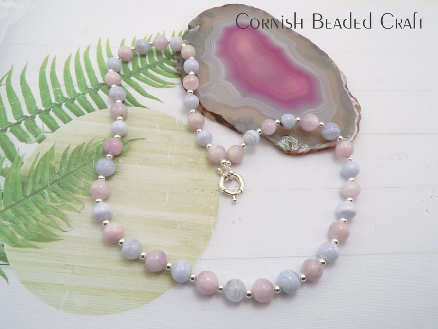 Pretty Kunzite & Blue Lace Bead Gemstone Necklace - Sterling Silver Large Clasp