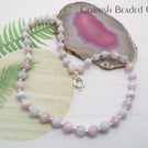 Pretty Kunzite & Blue Lace Bead Gemstone Necklace - Sterling Silver Large Clasp