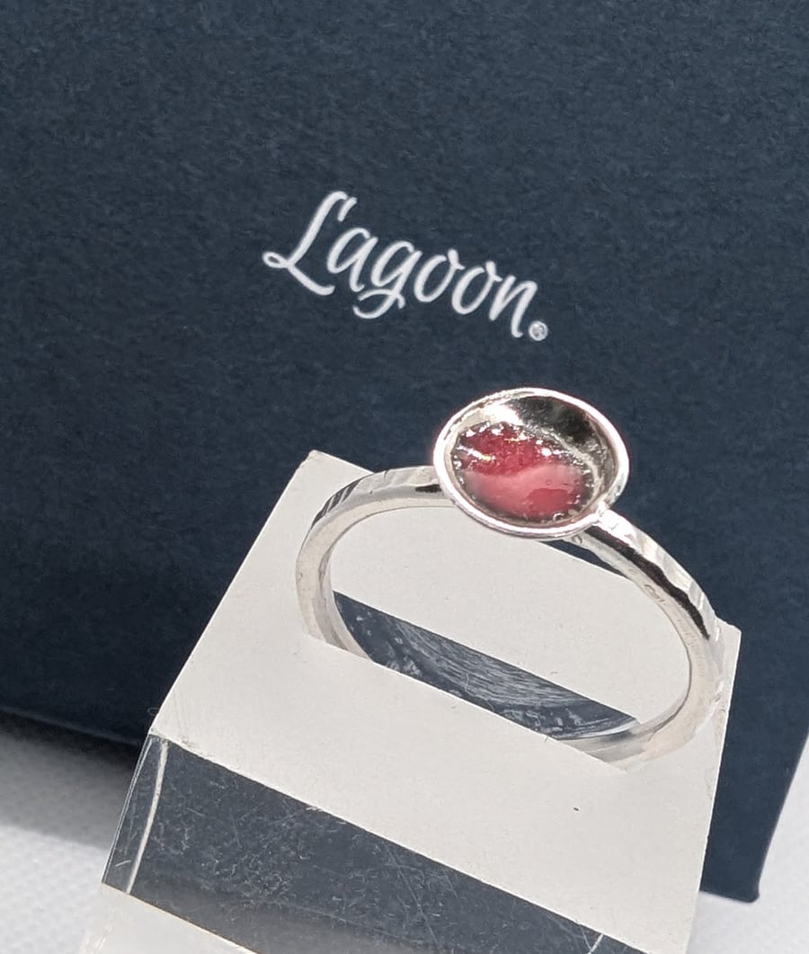 Delicate ring with domed disc with red enamel, recycled sterling silver Size S
