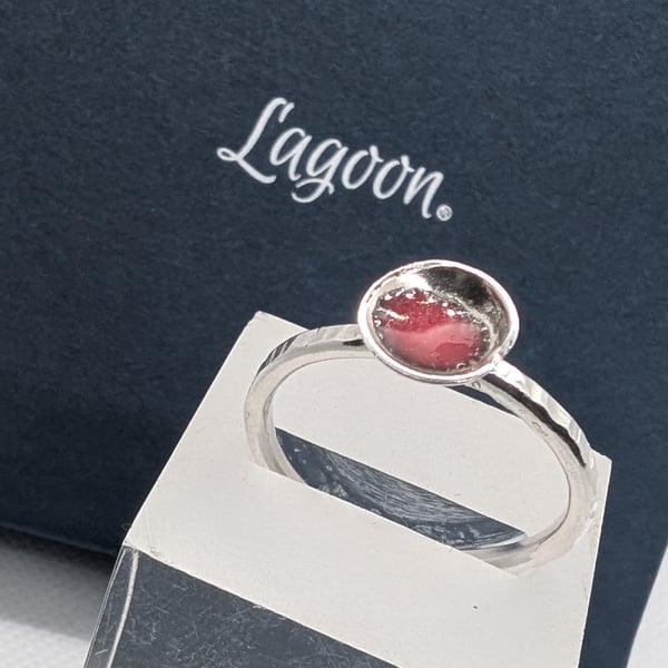 Delicate ring with domed disc with red enamel, recycled sterling silver Size S