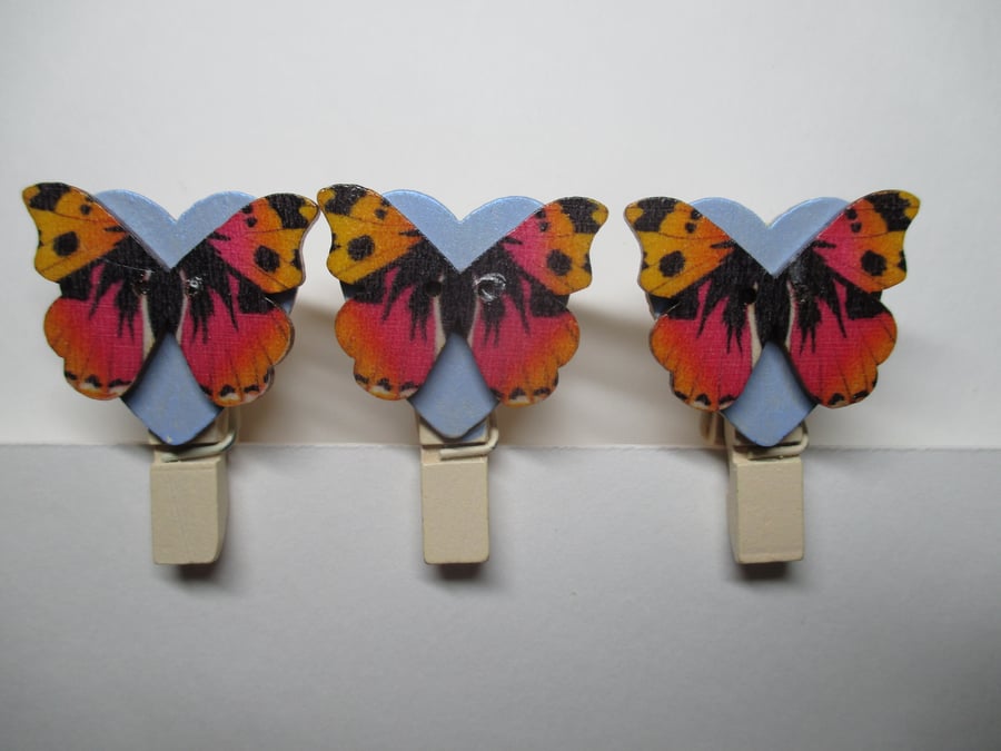 Butterfly on Love Heart Peg Clip Mini Peg Set of three blue yellow pink black