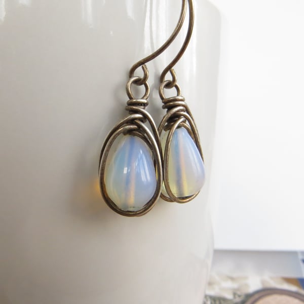 Sterling Silver and Opalite Earrings, Oxidised silver, Rustic earrings