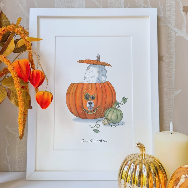 Limited Edition A4 Autumn Dog Art Print – "Jack-O'-Lantern" Pumpkin