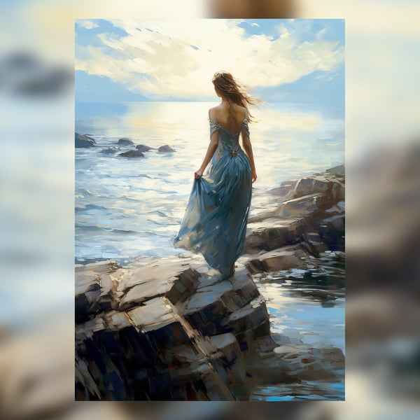 Seaside Serenity Oil Print - 5x7 Elegant Seascape Painting for Tranquil Decor