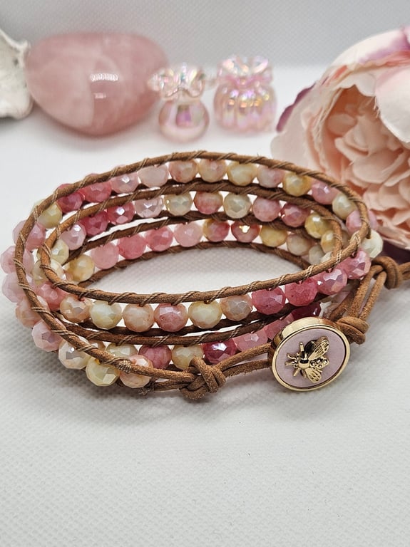 Pastel pink leather Boho triple wrap bracelet with gold bee clasp