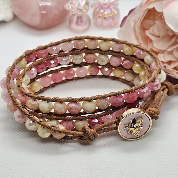 Pastel pink leather Boho triple wrap bracelet with gold bee clasp