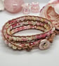 Pastel pink leather Boho triple wrap bracelet with gold bee clasp