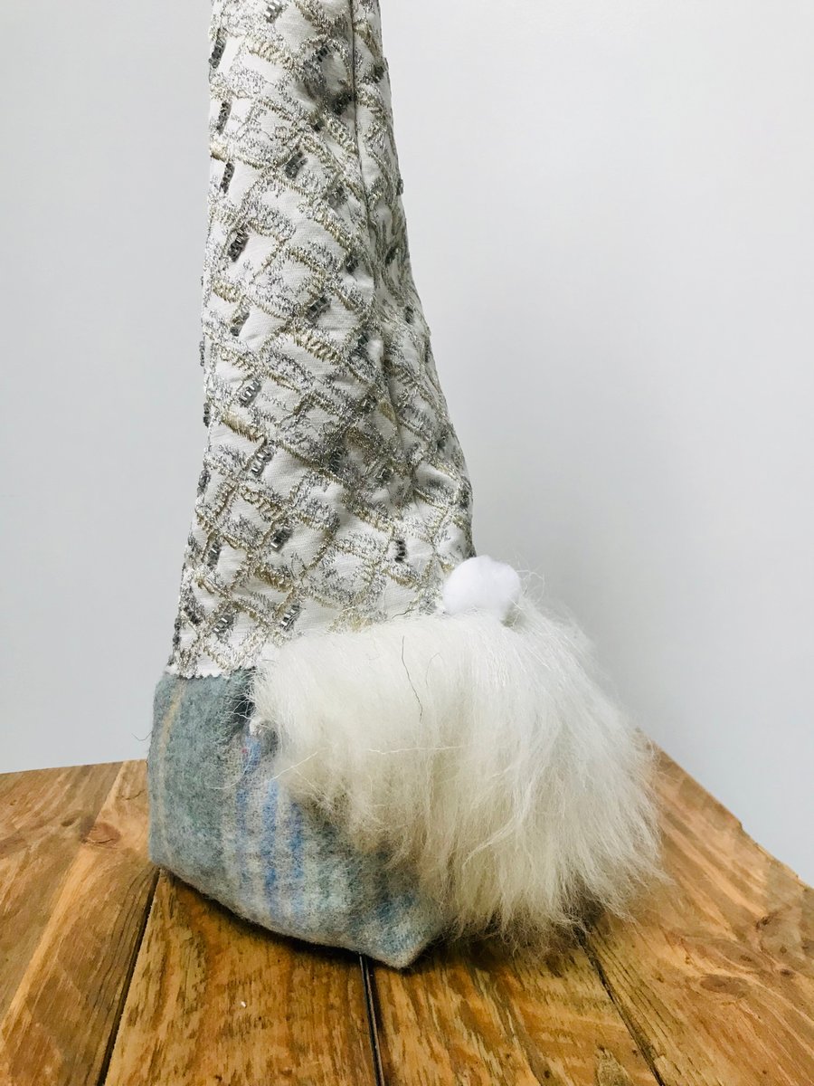 Large blue grey Christmas Santa Gnome made from recycled materials