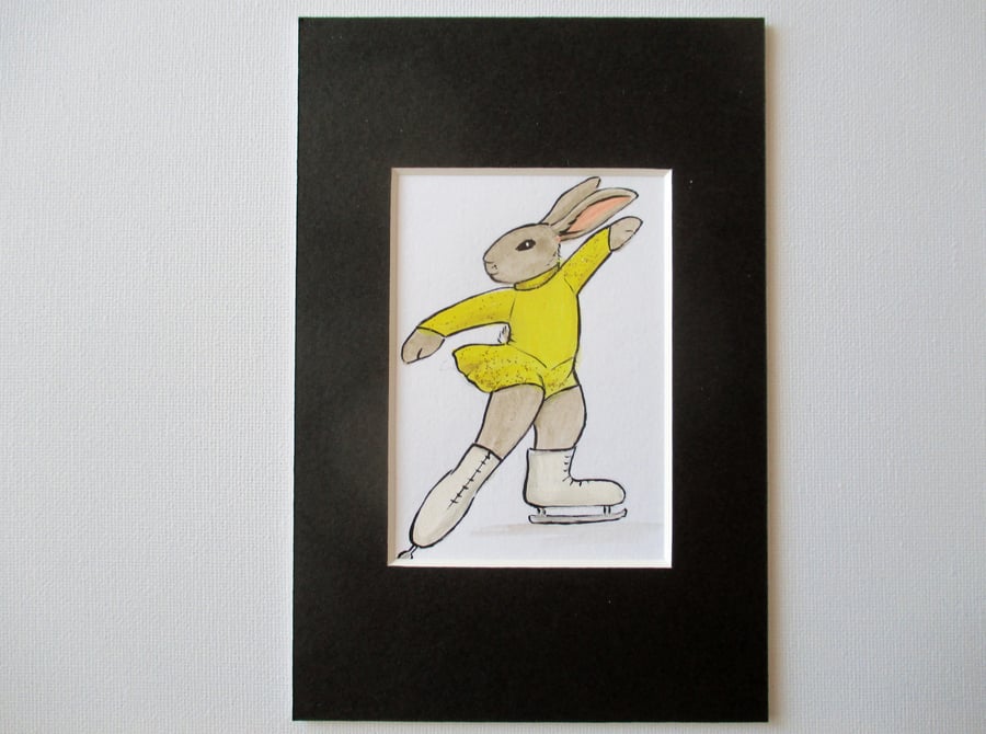 ACEO Bunny Rabbit Ice Skater Skating Dancing Miniature Original Painting Picture