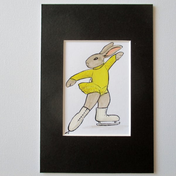 ACEO Bunny Rabbit Ice Skater Skating Dancing Miniature Original Painting Picture